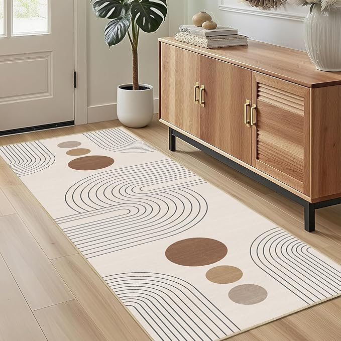 Boho Runner Rug 2x6 Modern Geometric Abstract Rug for Hallway Kitchen Bedroom Neutral Beige Mid Century Modern Runner Machine Washable Non-Slip Printed Low-Pile Long Floor Carpet for Bathroom Laundry