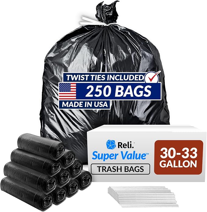 Reli. 30 to 33 Gallon Trash Bags Heavy Duty | 250 Trash Bags with Ties | Super Sizeable, Black, Serious Garbage Cleanup