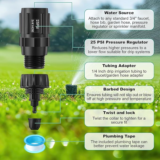 2 Set Drip Irrigation Faucet Adapter Kit, 2 Pcs 25 PSI Garden Hose Pressure Regulator, 2 Pcs 1/4'' Drip Irrigation Tubing to 3/4'' Faucet, 1 Roll Plumbing Tape