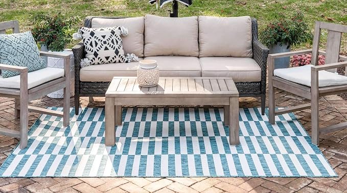 Unique Loom Outdoor Striped Collection Area Rug - Striped (4' 1" x 6' 1" Rectangle, Teal/Ivory)
