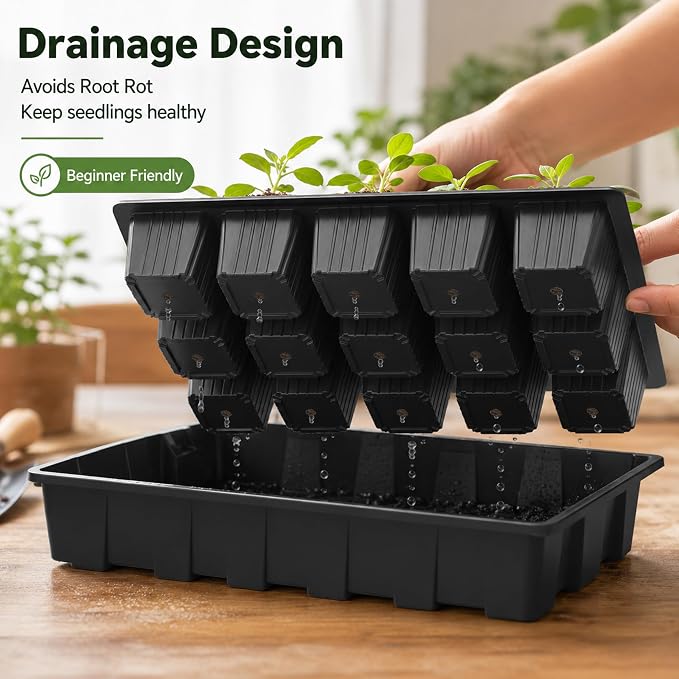 Gardzen 5-Pack Seed Starter Kits, Reusable Plant Germination Trays with Total 75-Cell, Seed Starter Tray with Humidity Vented Domes and Bases for Starting Vegetable Flower Herb Seeds 15" x 9", Black