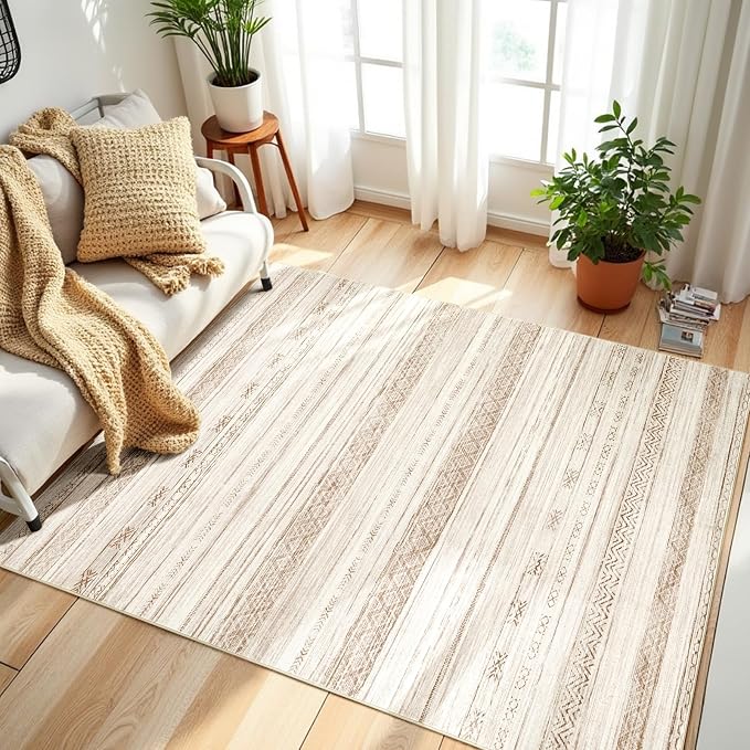 Boraya Area Rugs for Living Room: 8x10 Washable Boho Rug for Bedroom Large Neutral Bohemian Moroccan Farmhouse Geometric Dining Room Rugs Ultra Soft Floor Carpet Indoor for Home Office - Brown Beige