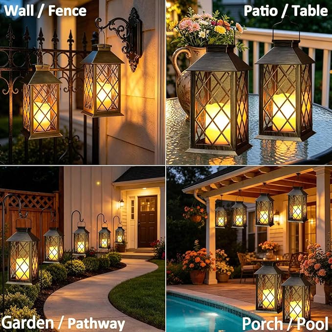 2 Pack 14" Large Solar Lanterns Outdoor Waterproof, Tempered Glass, Hanging Solar Lights with Flickering Flameless Candles, Retro Solar Lantern for Wall Porch Patio Table Garden Decorations, Bronze
