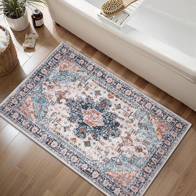 Tangsoo Vintage 2x3 Washable Rugs for Entryway, Non Slip Small Area Rug | Oriental Indoor Front Door Rug, Door Mat Small Carpet, Boho Soft Low Pile Throw Rugs for Entrance Entry Kitchen Bathroom Blue