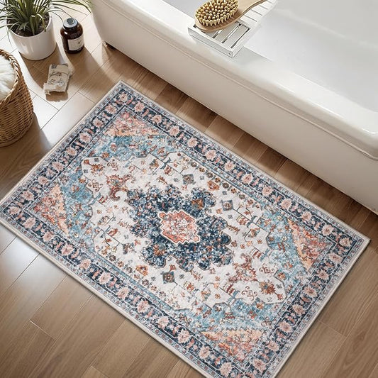 Tangsoo Boho 2x4 Runner Washable Rugs for Entryway, Non Slip Small Area Rug | Oriental Indoor Front Door Print Rug, Vintage Small Carpet, Boho Soft Low Pile Rugs for Entrance Entry Kitchen Bathroom Blue