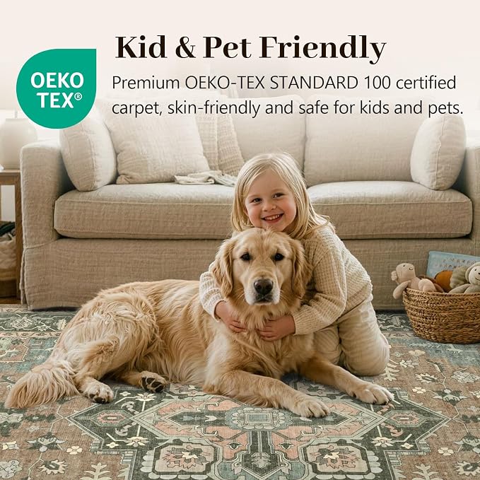 6x9 Ft Large Area Rugs for Living Room, Soft Non-Slip Machine Washable Rug, Vintage Stain Resistant Carpets for Bedroom Nursery Dining Room Home Decor (Brown)