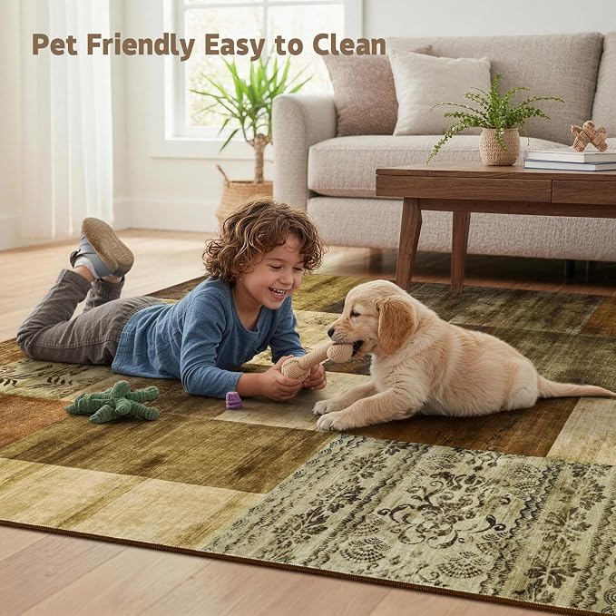 Washable Area Rugs 6x9 for Living Room, Large Modern Geometric Brown Soft Patchwork Carpet, Non-Slip Stain Resistant Throw Rug for Bedroom Dining Room Office Home Decor