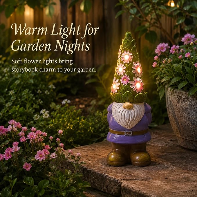Solar Garden Gnome Statue: Outdoor Figurine with Succulent Lights | Waterproof Resin, Yard Lawn Porch Balcony Patio Home Decor, Gifts for Mom Women Grandma