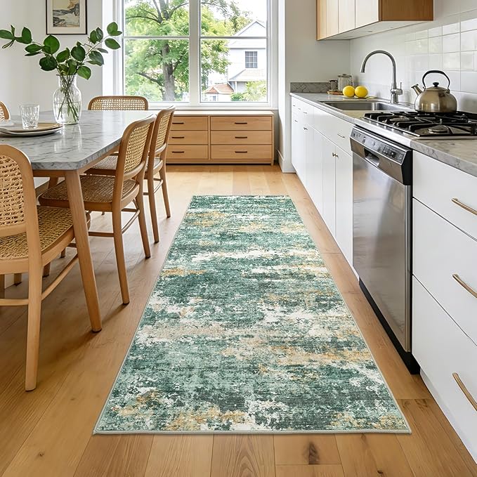 ROYHOME Abstract Runner Rugs 2x6 for Hallway Kitchen Green | Low Pile Ultra Soft Stain Resistant Non Slip Non Shedding Throw Rug for Bedroom Home Decor