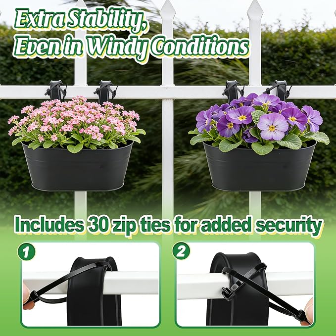 MADHOLLY Railing Planter with Drainage Holes - 6Pcs Sturdy Bucket Pots for Railing Fence, Countryside Style Metal Flower Pots for Herbs Balcony Garden Yard Decor, Black
