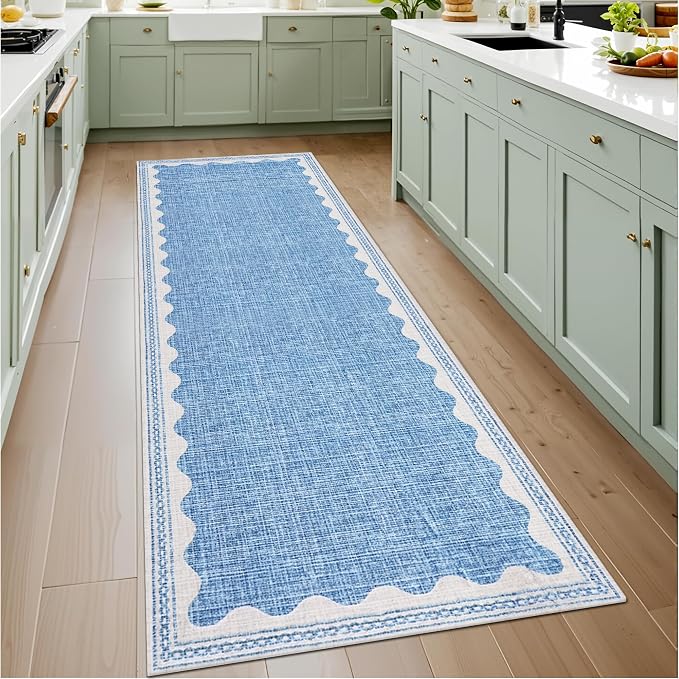 GarveeHome 2x6 Runner Rug for Hallway Washable Kitchen Rugs Non Slip Solid Blue Modern Minimalism Soft Low-Pile Scalloped Indoor Carpet for Entryway Laundry Room Floor Mats