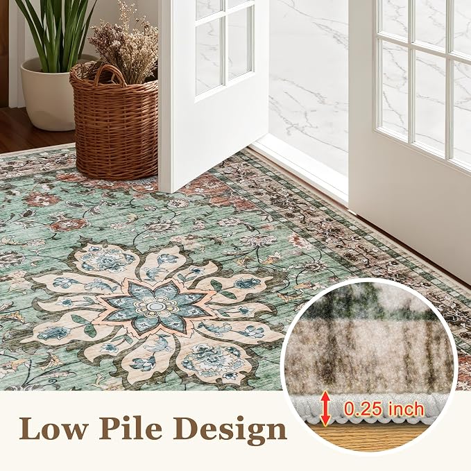 Round Area Rug for Living Room: 6ft Boho Washable Rug Brown Green | Vintage Boho Soft Round Rug Indoor Floor No Slip Carpet Stain Resistant Rugs for Bedroom Dining Room Nursery Home Office