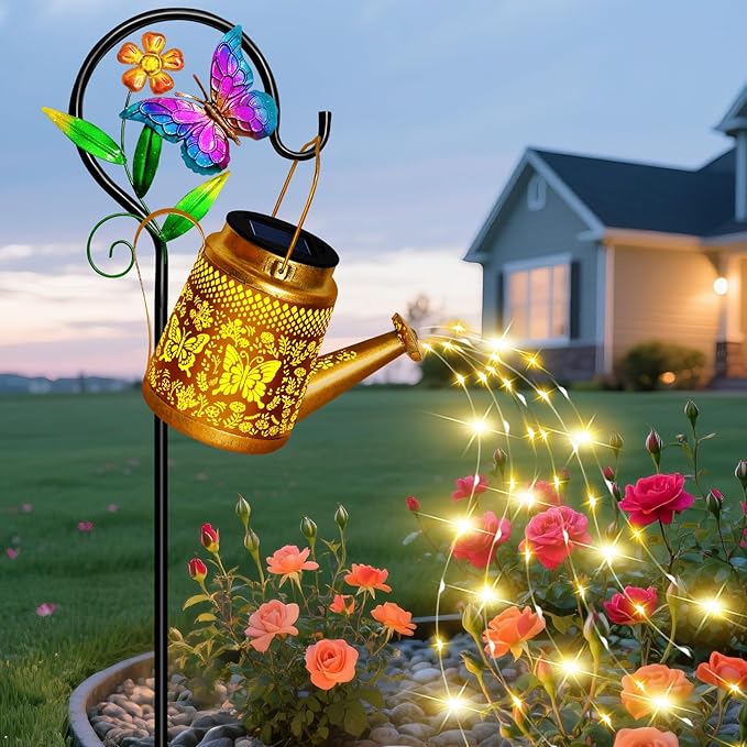Solar Garden Decor Watering Can Lights Outdoor Waterproof, Butterfly Hanging Lantern with Shepherd Hook, Waterproof Garden Lights for Outdoor Landscape Pathway Yard, Gifts for Mom Grandma Mothers Day