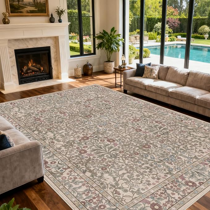 Area Rug for Living Room, 10x12 Large Washable Rugs for Dining Room, Bedroom, Non Slip Stain Resistant Carpet, Low Pile Vintage Floral Rug (Moss)