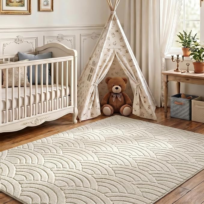 SHACOS Soft Cozy Fluffy Arch Waves Pattern High-Low Textured Area Rug 4'x6' | Non Slip Washable Minimalist Modern Graphic Rainbow Carpet for Living Room Bedroom Bathroom Dining Room, Cream