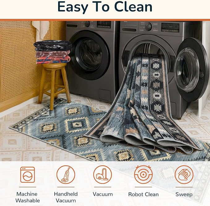 5'x7' Washable Area Rug for Living Room Bedroom Navy/Grey | Soft Western No Slip Low Pile Print Foldable Indoor for Kitchen Dining Room