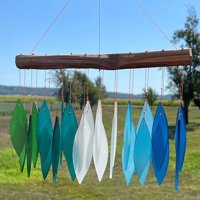 Blue Handworks Gradient Ocean Shades Glass Leaves Wind Chime | Sandblasted Glass and Found Wood Handcrafted Wind Chime