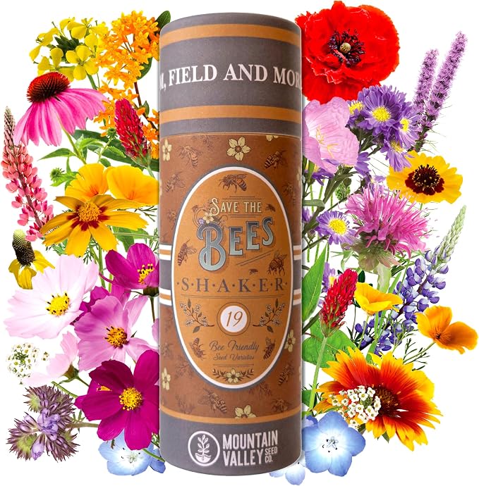 Mountain Valley Seed Co Save the Bees Wildflower Seed Shaker - ~100,000+ | Wildflower Seeds for Planting with 19 Varieties, Easy Seed Shaker, Attracts Bees and Pollinators, Covers up to 370 Sq Ft