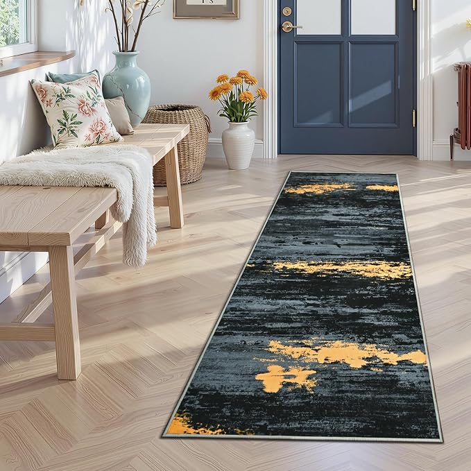 Toneed Washable 2x6 Non-Slip Abstract Runner Rug for Hallway Kitchen | Soft Modern Low Pile Area Rugs for Bedroom Laundry Living room,Indoor Carpet for Bedside Home Decor, Black