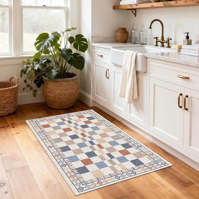 GarveeHome 2x3 Small Rug for Bathroom Machine Washable Modern Checkered | Contemporary Colorful Abstract Carpets for Kitchen Low Pile Non-Slip Doormat Soft Premium Area Rug for Hallway Bedroom