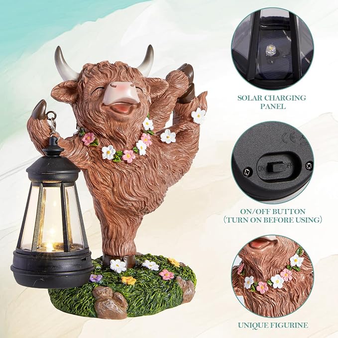 WDS WONDROUS Solar Highland Cow Outdoor Decor with LED Light, Garden Cow Decorations for Home with Flowers, Resin Highland Cow Figurine Gifts for Women Yard Decor Porch Patio Balcony Farmhouse