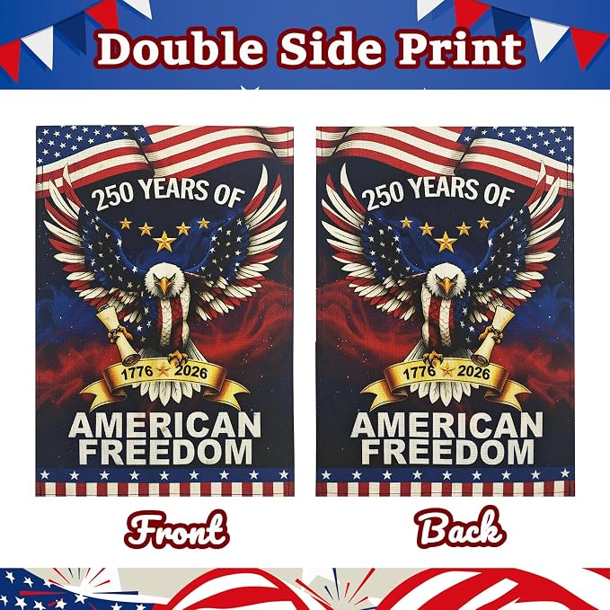 Lighted 250th Anniversary USA Garden Flag for Outside, Solar Led Double-sided Patriotic Banner with 1776-2026 250 Years of American Freedom Design for Independence Day, July 4th Decor (LED USA Eagle, 12 x 18 Inch)
