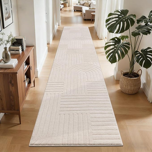 SHACOS Soft Cozy Fluffy Arch Pattern High-Low Pile Runner Rugs 2'x10' Non Slip Washable Scandinavian Minimalist Rug Runner Modern Geometric Carpet for Living Room Bedroom Bathroom Hallway, Beige