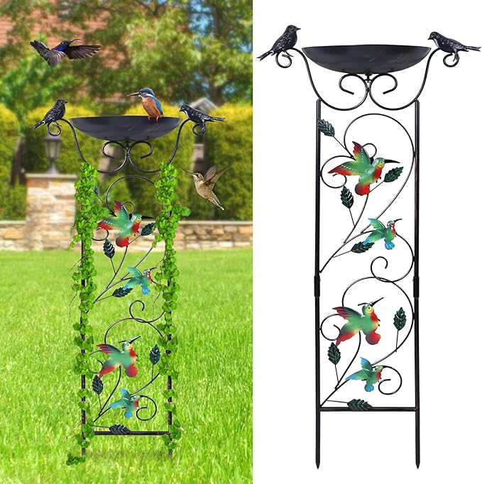 hogardeck 35” Metal Bird Bath with Garden Trellis for Climbing Plants Outdoor, Vintage Hummingbirds Decorative Birdbath, Garden Decor Metal Plant Support for Climbing Flowers