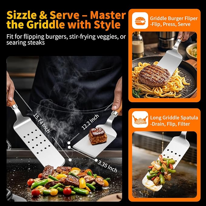 16 Inch Grilling Accessories Set, Heavy Duty Stainless Steel BBQ Accessories Tools and Grill Accessories for Outdoor Grill with Spatula, Fork, & Tongs - Grilling Gifts for Men Women Father