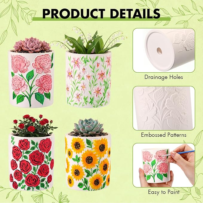 Zubebe 12 Pcs Paint Your Own Ceramic Pots Bulk Unfinished Succulent Pots Craft Kit with Drainage Hole Mini Paintable Plant Vase Ready to Paint Planter for Cactus DIY Craft (Elegant Flowers Cylinder)