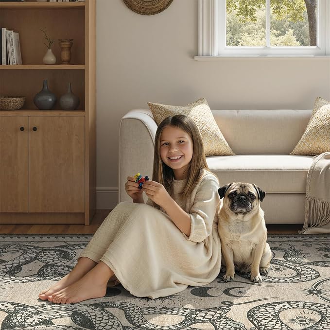 DCX 3x5 Washable Snake Rug for Living Room, Non Slip Low Pile Rug, Beige | Rugs for living rooms, bedroom, dining room, office, soft, gothic rug, sain resistant indoor carpet, home decor