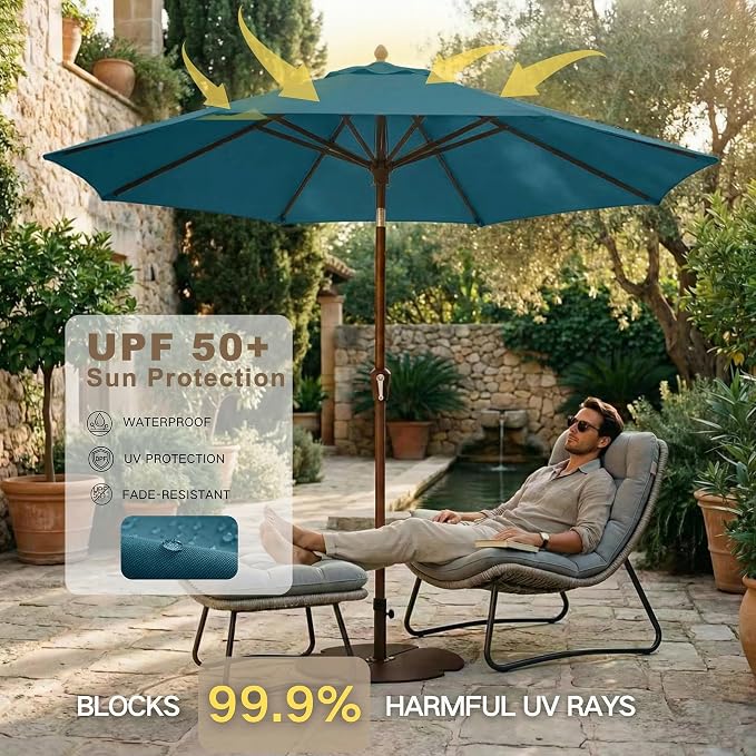Kingdura 9FT Outdoor Patio Umbrella, Round Market Table Umbrella with Push‑Button Tilt and Crank Lift, 8 Sturdy Metal Ribs, UV50+ Protection Canopy for Backyard, Lawn, Deck, Poolside, Garden (Lake blue)