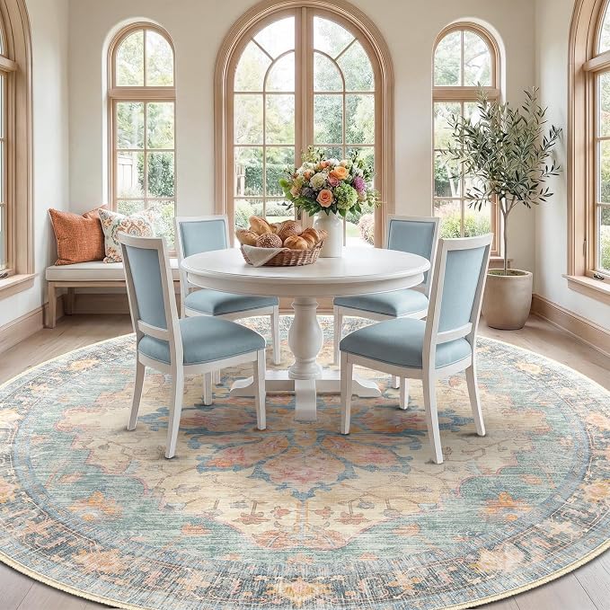RELEANY Washable Area Rug, Round 8ft, Blue/Orange/Red | Non-Slip, Water Repellent, Pet Friendly, Easy to Clean, Vintage Floral Boho Decor for Living Room Bedroom Dining Room