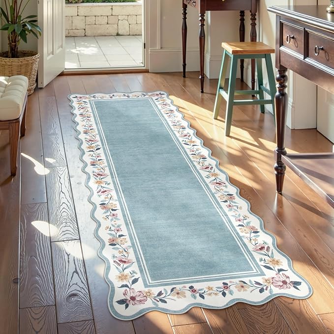 Lahome Floral Blue 2x6 Runner Rug for Hallway, Scalloped Kitchen Rug | Washable Rug Runner Non Slip, Ultra-Thin Stain Resistant Boho Carpet Runner for Laundry Bathroom Bedroom Ariele