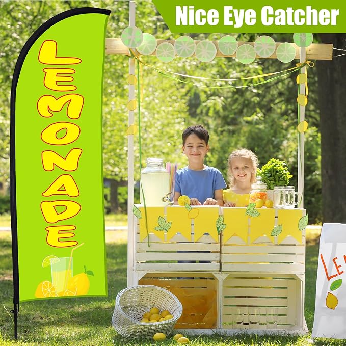 Buryeah Lemonade Feather Flag for Business Advertising 7 x 5.4ft Feather Flag Sign with Flagpole Ground Stake Portable Bag Lemonade Themed Banner with Rope for Outside Garden Business Party(Green)