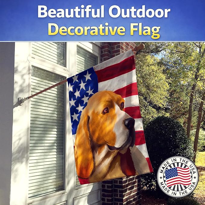 Caroline's Treasures CK6409CHF Artois Hound Dog American Flag House Flag Large Porch Sleeve Pole Decorative Outside Yard Banner Artwork Wall Hanging, Polyester, House Size, Multicolor