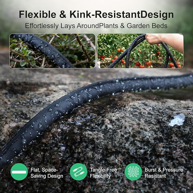Flat Soaker Hose 15 ft 2-Pack with Splitter, 80% Water-Saving Drip Irrigation Hose, Linkable DIY Garden Soaker Hose System for Garden Beds, Lawn, Vegetables & Trees (15ft 2-pack)