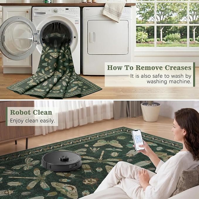 DCX 4x6 Washable Bug Rug for Living Room, Soft Low Pile Rug, Dark Green | Easy to clean, non-shedding, soft, kid & pet friendly, with a non-slip rubber backing for bedrooms, and nature-themed decor