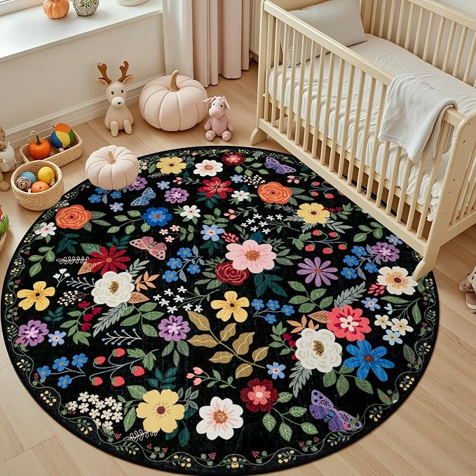 PLHXFR Round Area Rug Living Room: 6 ft Floral Washable Soft Carpet Black | For Bedroom Dining Room Farmhouse Nursery Hallway,Vintage Floral,Machine washable,Non Slip,Stain Resistant,Large Indoor