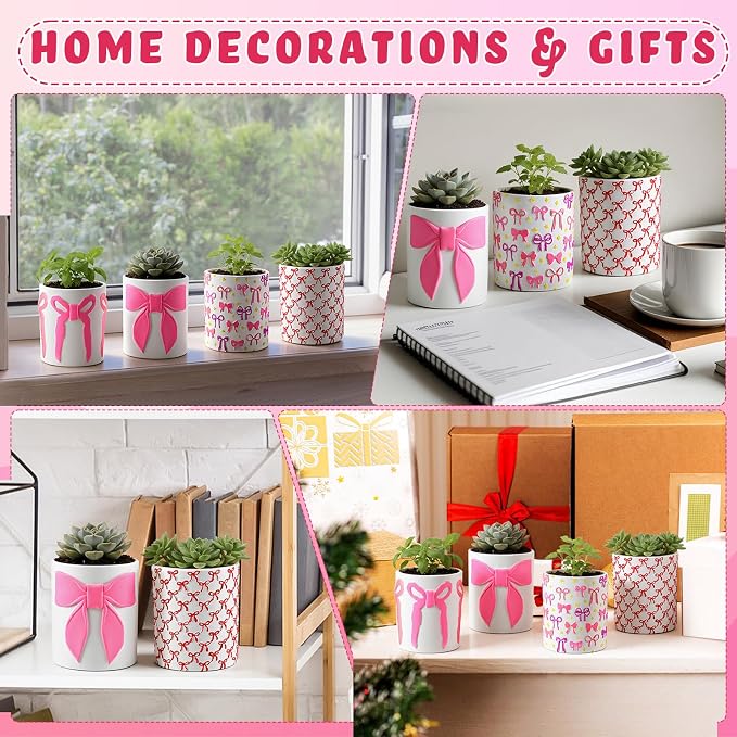 Zubebe 12 Pcs Paint Your Own Flower Ceramic Pots with Drainage Hole, 4 Style Pink Bow Unfinished Succulent Pots Painting Kit Mini Paintable Vase for Bow Party Craft Gift Girls Night DIY Art Activity