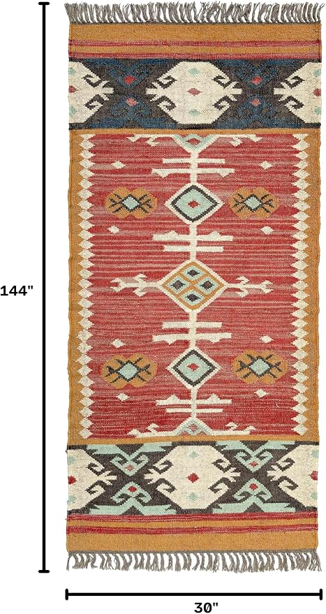 Jute Traditional Kilim Rug Boho Flatweave Area Rug for Living Room, Living Room Entryway, Tribal Series, 2'6"x12'