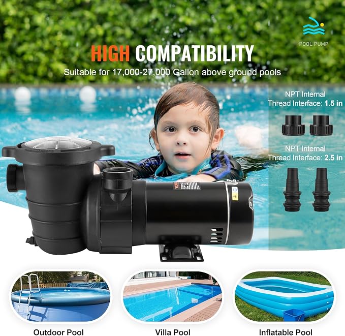 VEVOR Above Ground Pool Pump, 1HP, 80 GPM Max. Flow Single Speed Swimming Pool Pump, 120V 3450 RPM 36 ft Max. Head Lift Pool Pump with Filter Basket, for Above Ground Pools Hot Tubs Spas