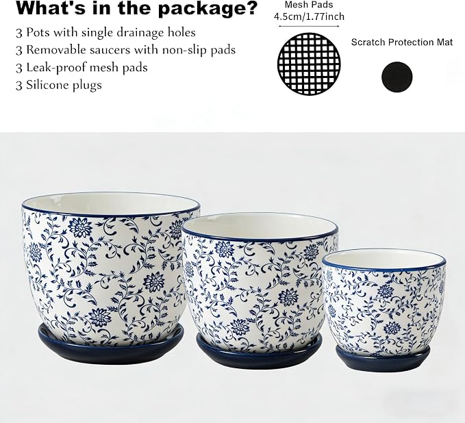 Ceramic Plant Pots - 3.5+4.6+5.6 Inch Flower Pots with Drainage Holes and Saucers - Planters for Indoor Plants Orchid, Herbs, Succulent, Cactus, Home Decor, Set of 3, Vintage Blue, Floral