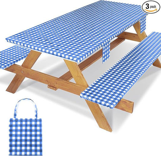 Jobunai Fitted Picnic Table Cover with Bench Covers Elastic Waterproof Outdoor Camping Tablecloth for 6 Ft Rectangle Tables Camper Summer Accessories Rv Car Essentials Vacation Gifts for Men Women