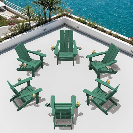 SERWALL Folding Adirondack Chair with Dual Cup Holders Set of 6, Modern Adirondack Chairs, HDPE All-Weather Fire Pit Chairs for Outdoor, Patio, Garden, Green