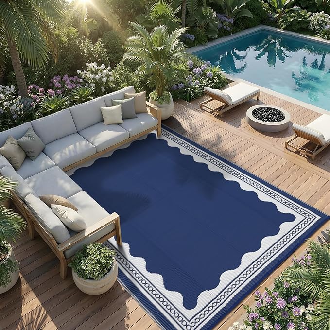 Garvee Outdoor Rug 6x9 Scalloped Waterproof Patio RV Outdoor Rugs Reversible Foldable Plastic Straw Rug Modern Camping Carpet for Deck Camper Porch Balcony Backyard Picnic Beach Dark Blue