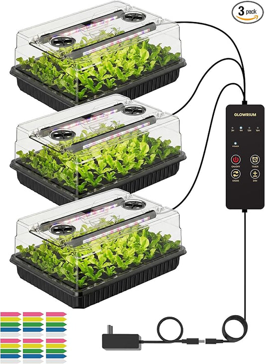 GLOWRIUM Seed Starter Tray with Grow Lights, 3 Pack 162-Cell Seed Starter Kit with 4.3" Humidity Dome, Indoor Seedling Starter Tray with 3/9/12/16h Timer, Adjustable Brightness Seed Starting Trays