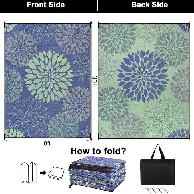 Ileading Waterproof Outdoor Rug 8x10, Reversible Plastic Straw Patio Rug, Portable Indoor Outdoor RV Camping Mat Carpet for Deck, Porch, Balcony, Backyard, Picnic, Floral Navy Blue