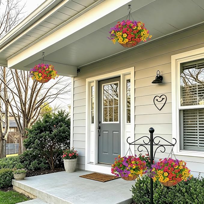 2 Set Artificial Outdoor Flowers with Hanging Basket for Garden Porch Patio Balcony Yard Home Decoration