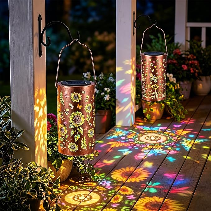 2Pack Colorful Solar Lanterns Outdoor Waterproof, Garden Decor Gifts for Women Mom Grandma - LED Sunflower and Butterfly Solar Powered Lights Metal Hanging Lantern for Outside Garden Patio Yard Porch